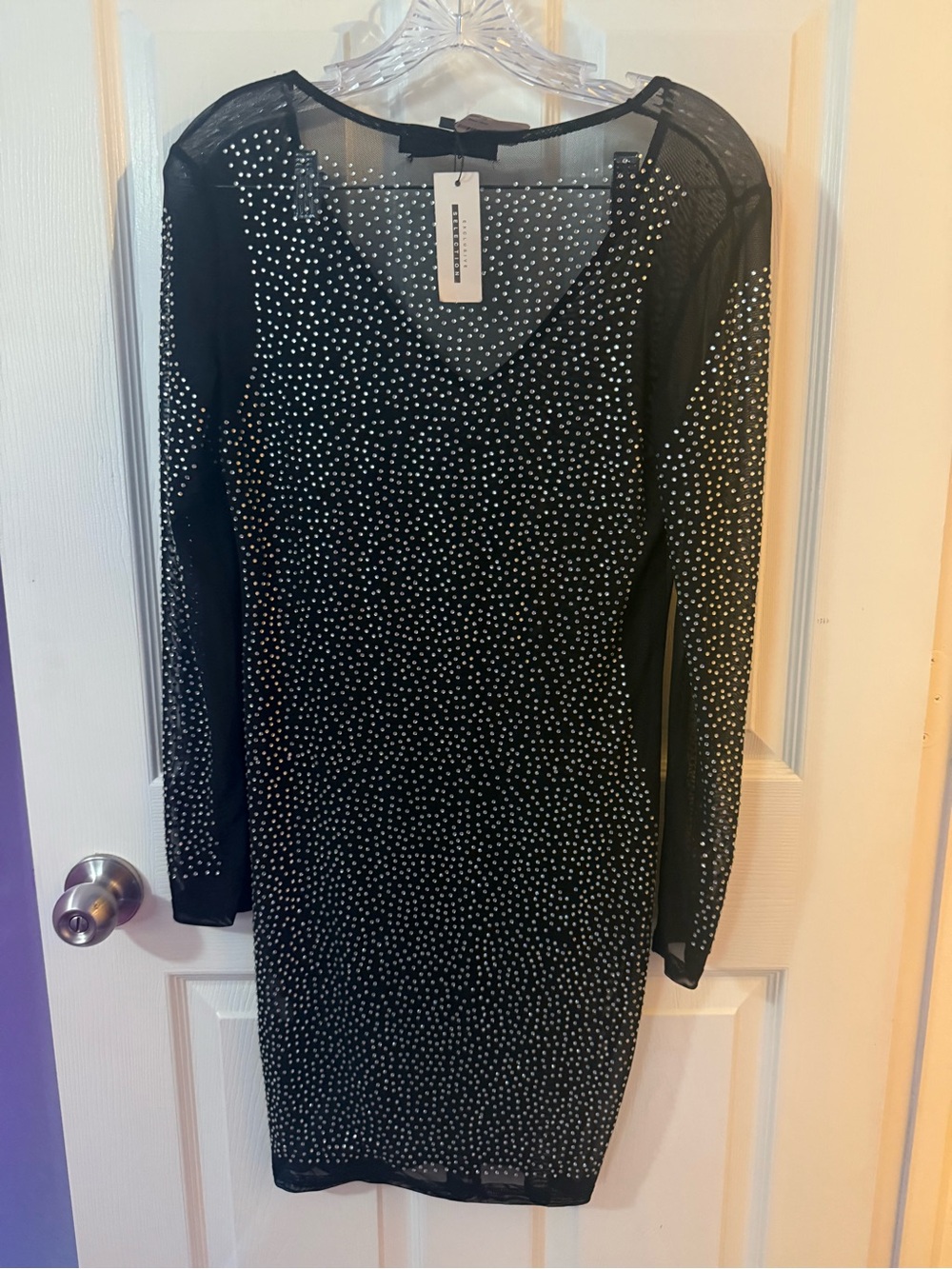Sheer Long Sleeve Black Dress with Crystal Dot Accents